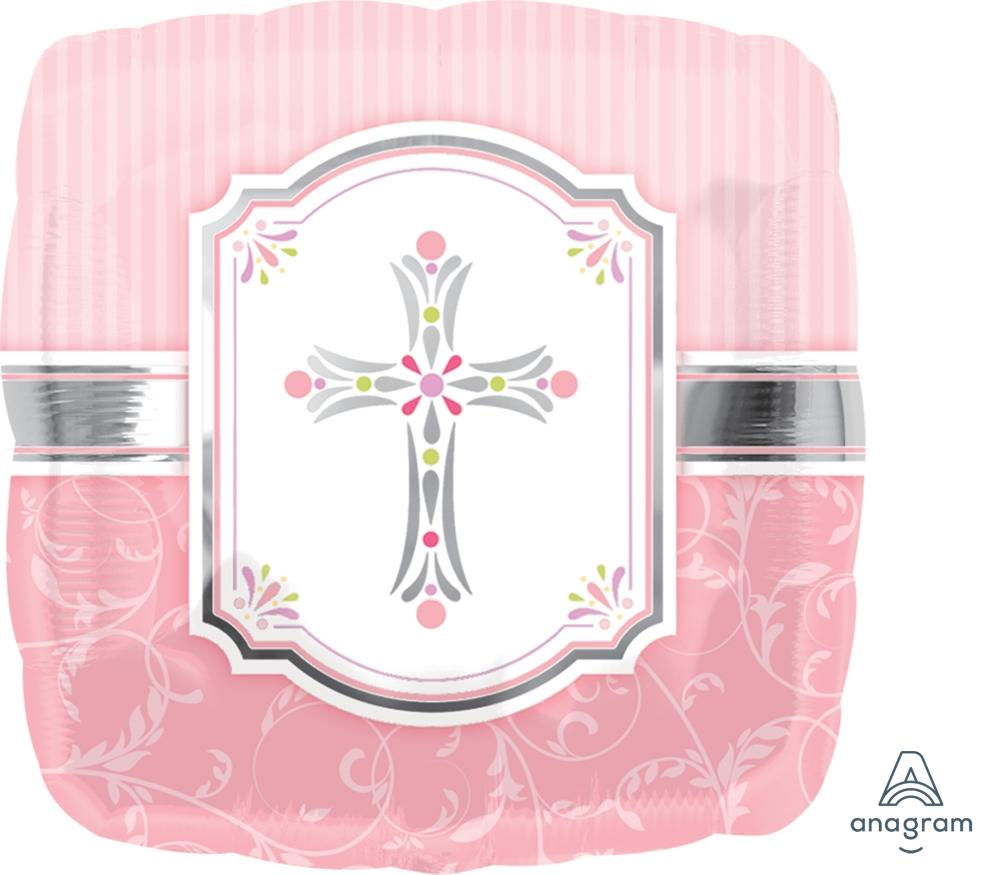 FOIL BALLOON 45CM - SQUARE FOIL PINK CROSS BAPTISM