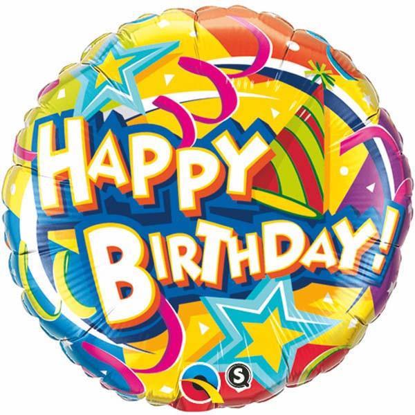 FOIL BALLOON HAPPY BIRTHDAY 45CM - BIRTHDAY HAT & STARS