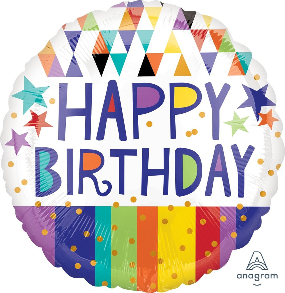 FOIL BALLOON HAPPY BIRTHDAY 45CM - BIRTHDAY TRIANGLES STRIPES & STARS